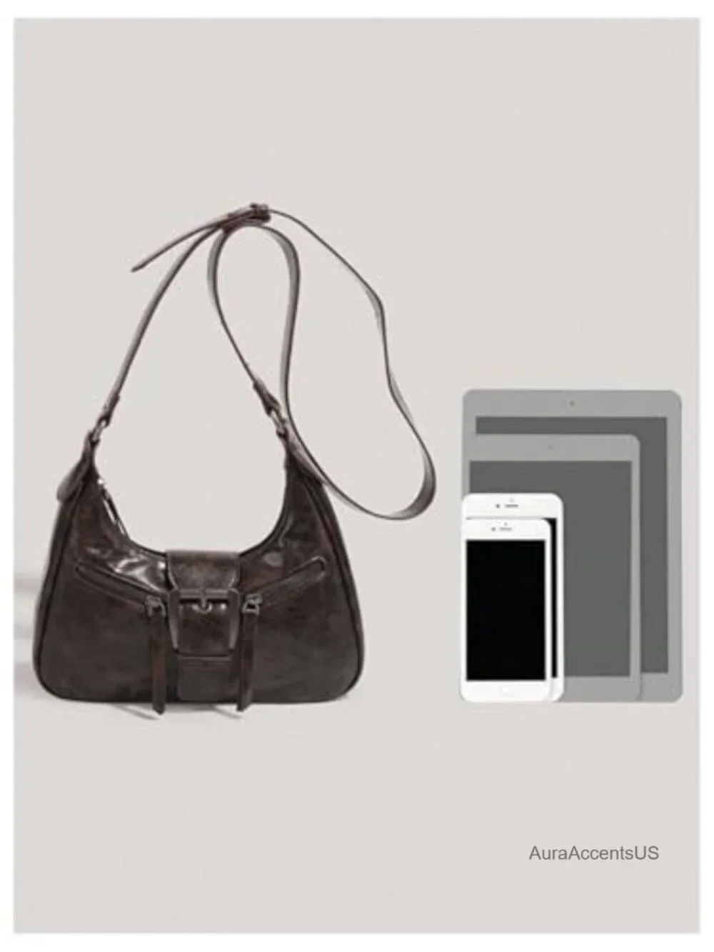Women's Faux Leather Hobo Shoulder Bag with Top Zipper and Buckle | Handbag